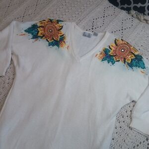 Vtg Womens L Fitting Image Sweater Beaded  Rinestones Embroidery Sunflower Retro